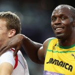 Il giamaicano Usain Bolt con il francese Christophe Lemaitre